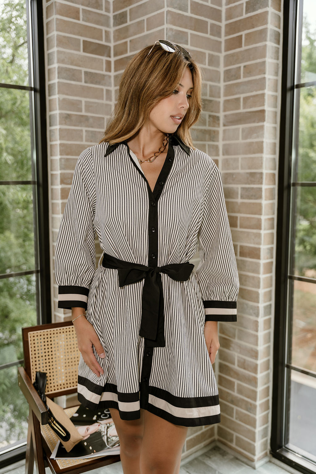 Alice Black & Cream Striped Long Sleeve Dress - front view 