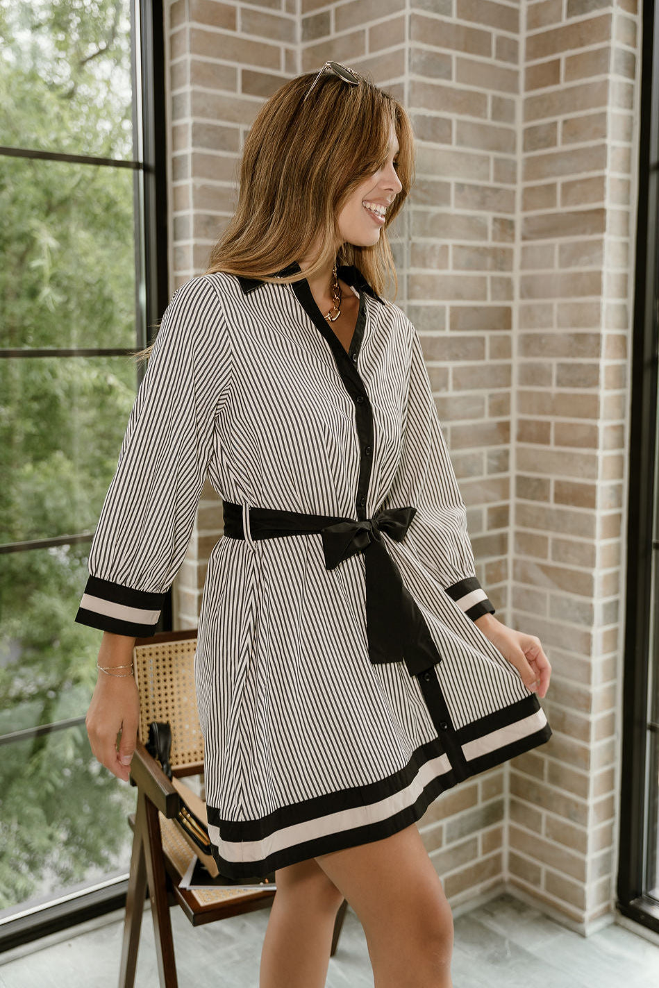 Alice Black & Cream Striped Long Sleeve Dress - frontal side view 