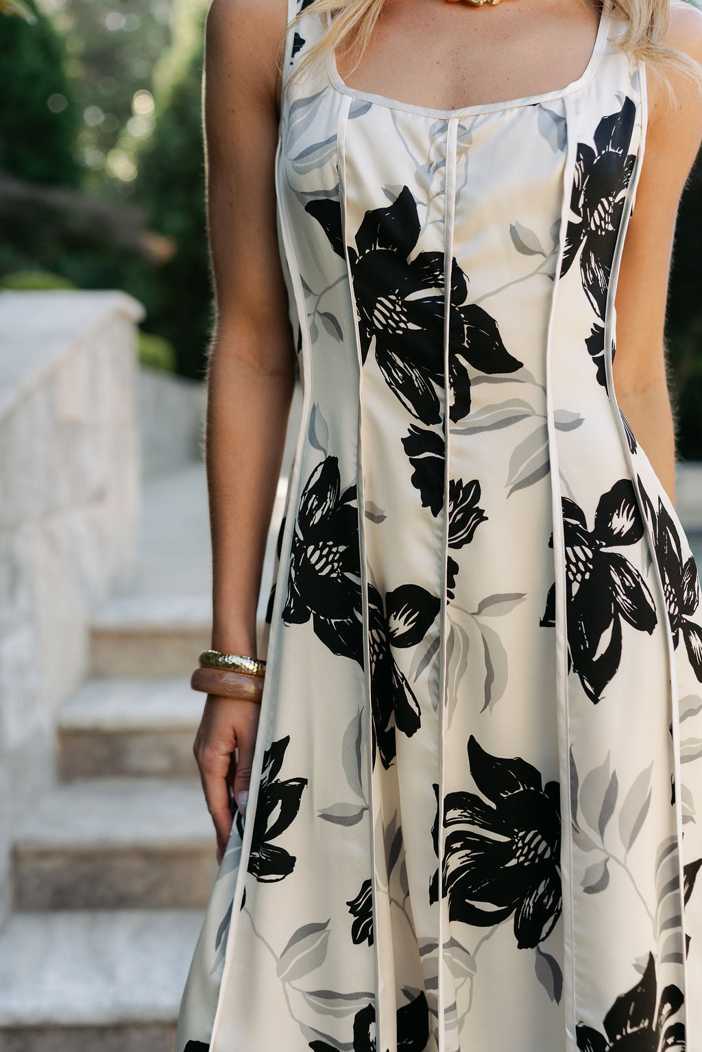 cream and black dress Cecily Cream & Black Floral Satin Midi Dress
