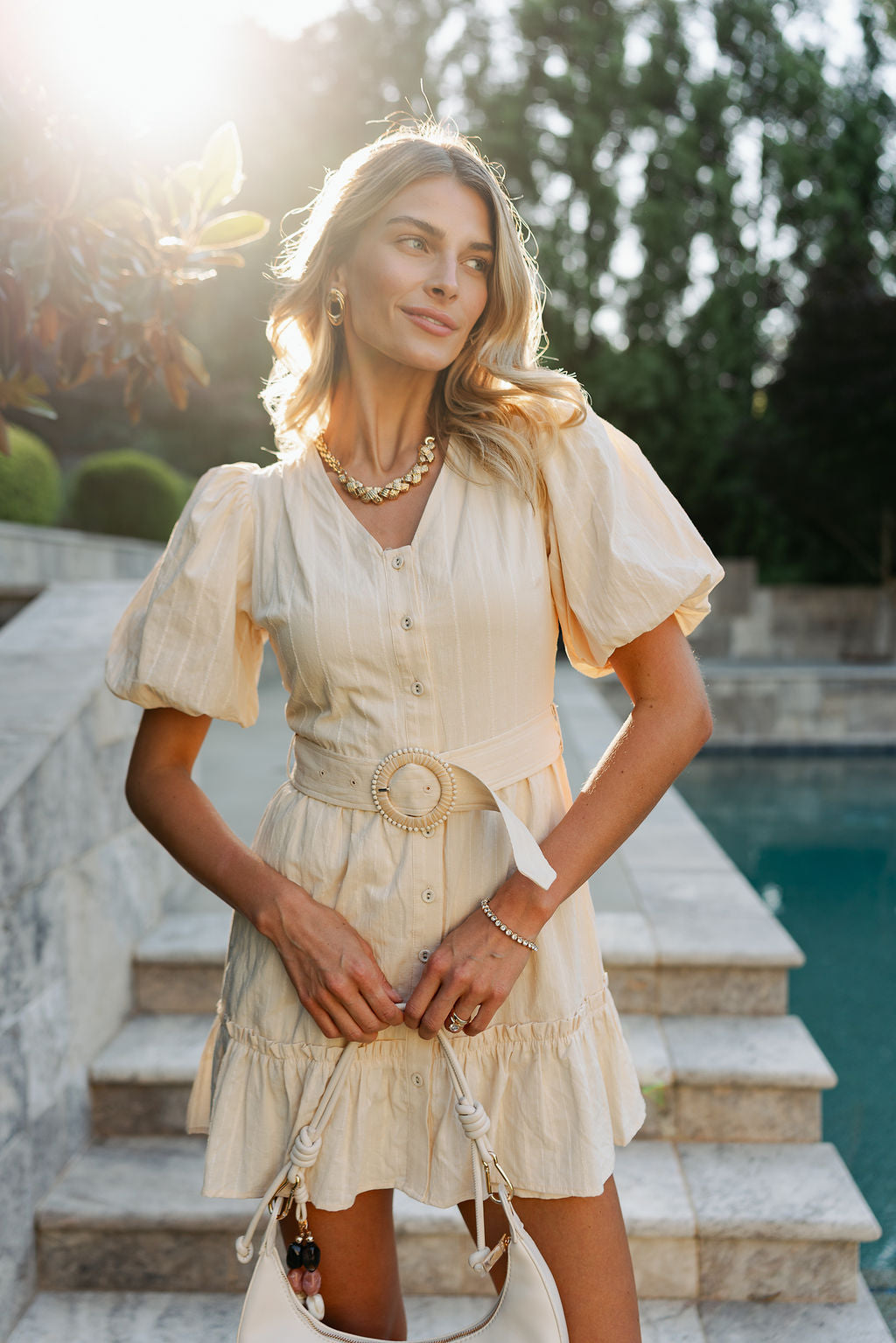 dlaney mini dress white Delaney Cream Belted Puff Sleeve Mini Dress