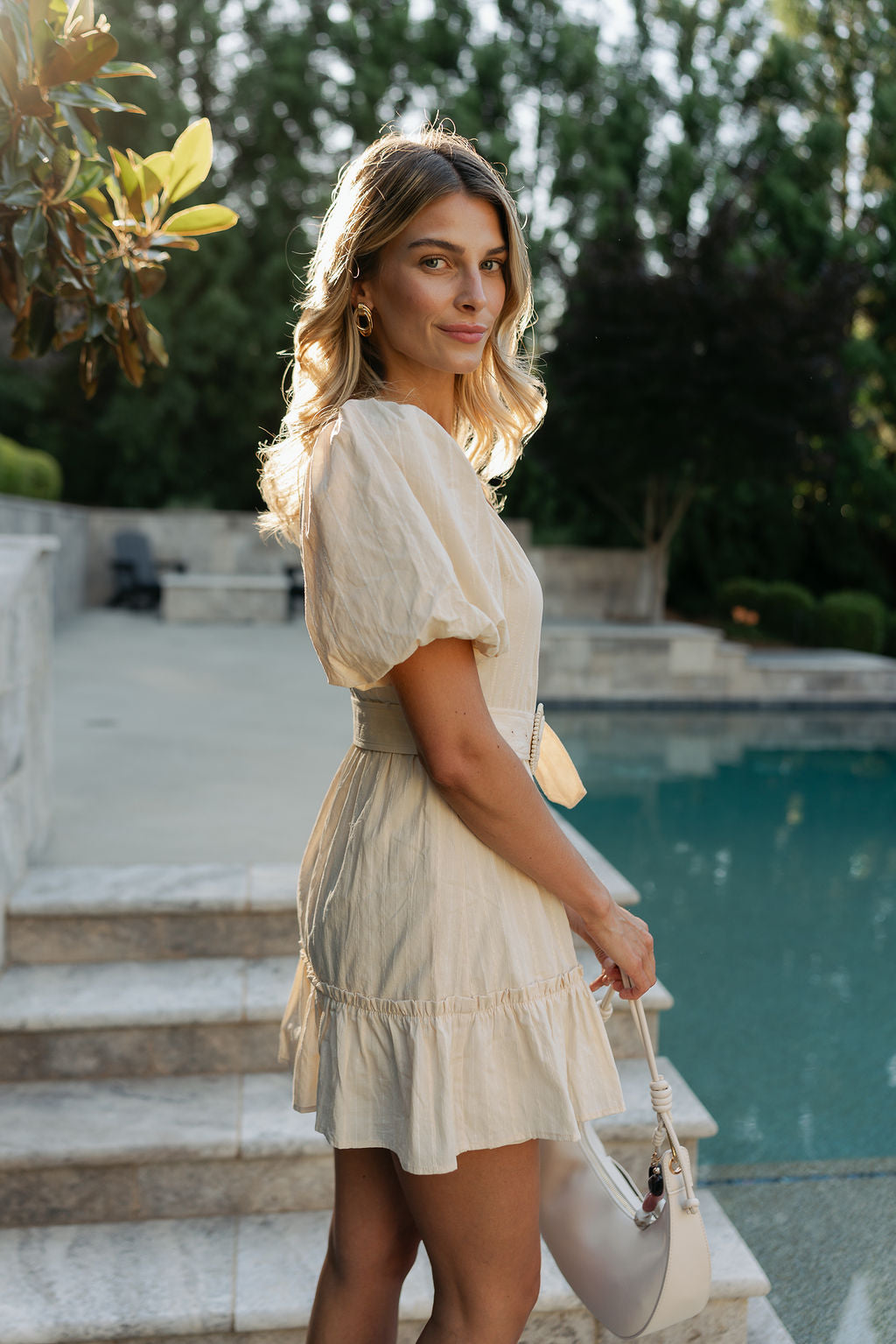 dlaney mini dress white Delaney Cream Belted Puff Sleeve Mini Dress