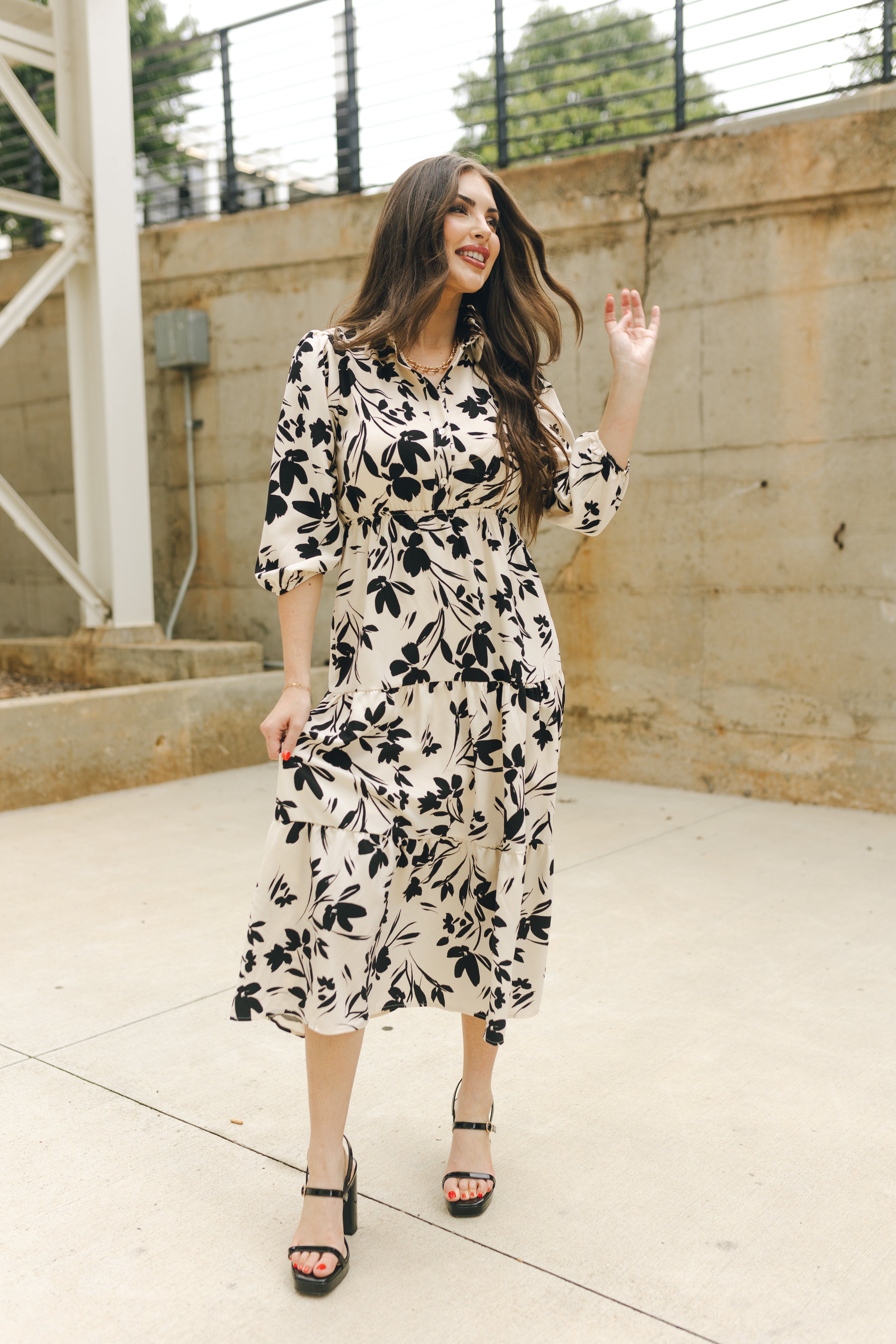 Maggie Cream and Black Floral Midi Dress - Lizard Thicket Maggie Cream and Black Floral Midi Dress - Lizard Thicket
