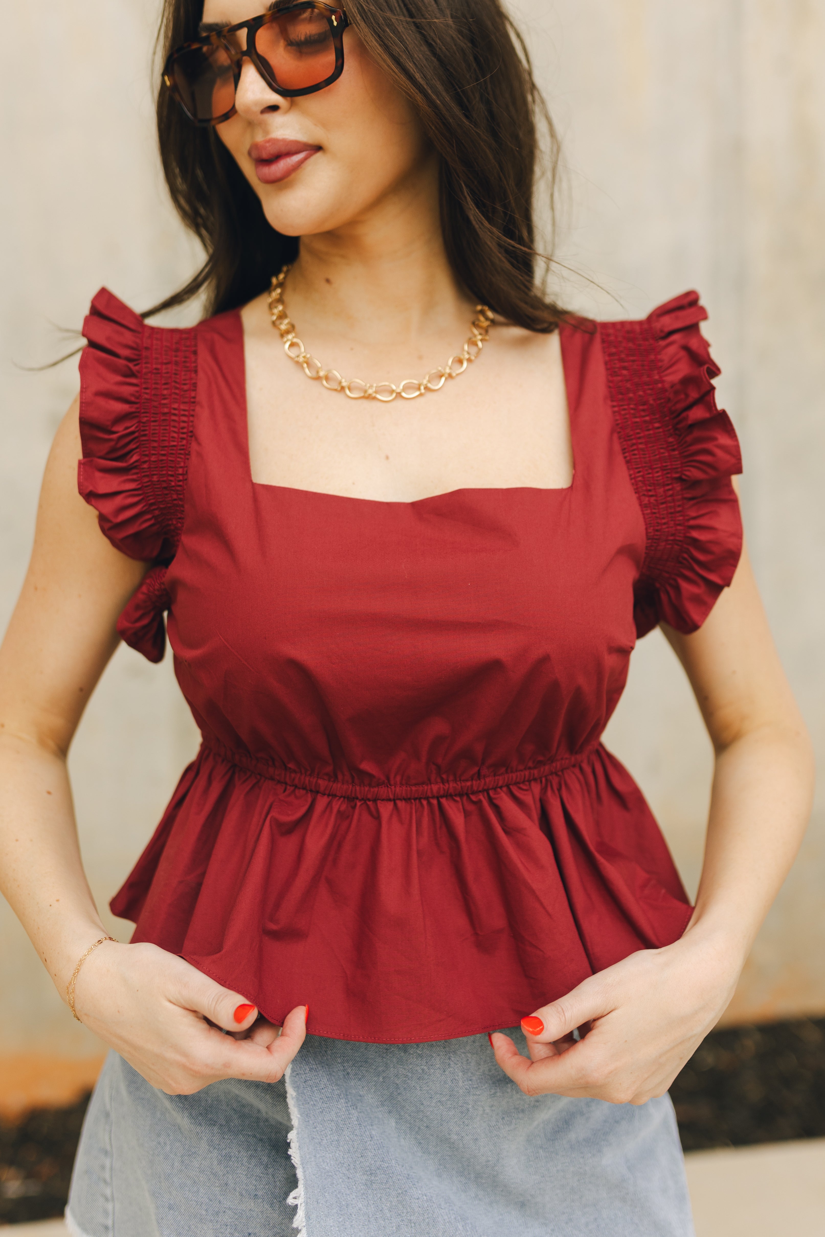 Best Ruffles Burgundy Ruffle Top – Adriane Square Neck Blouse - Lizard Thicket