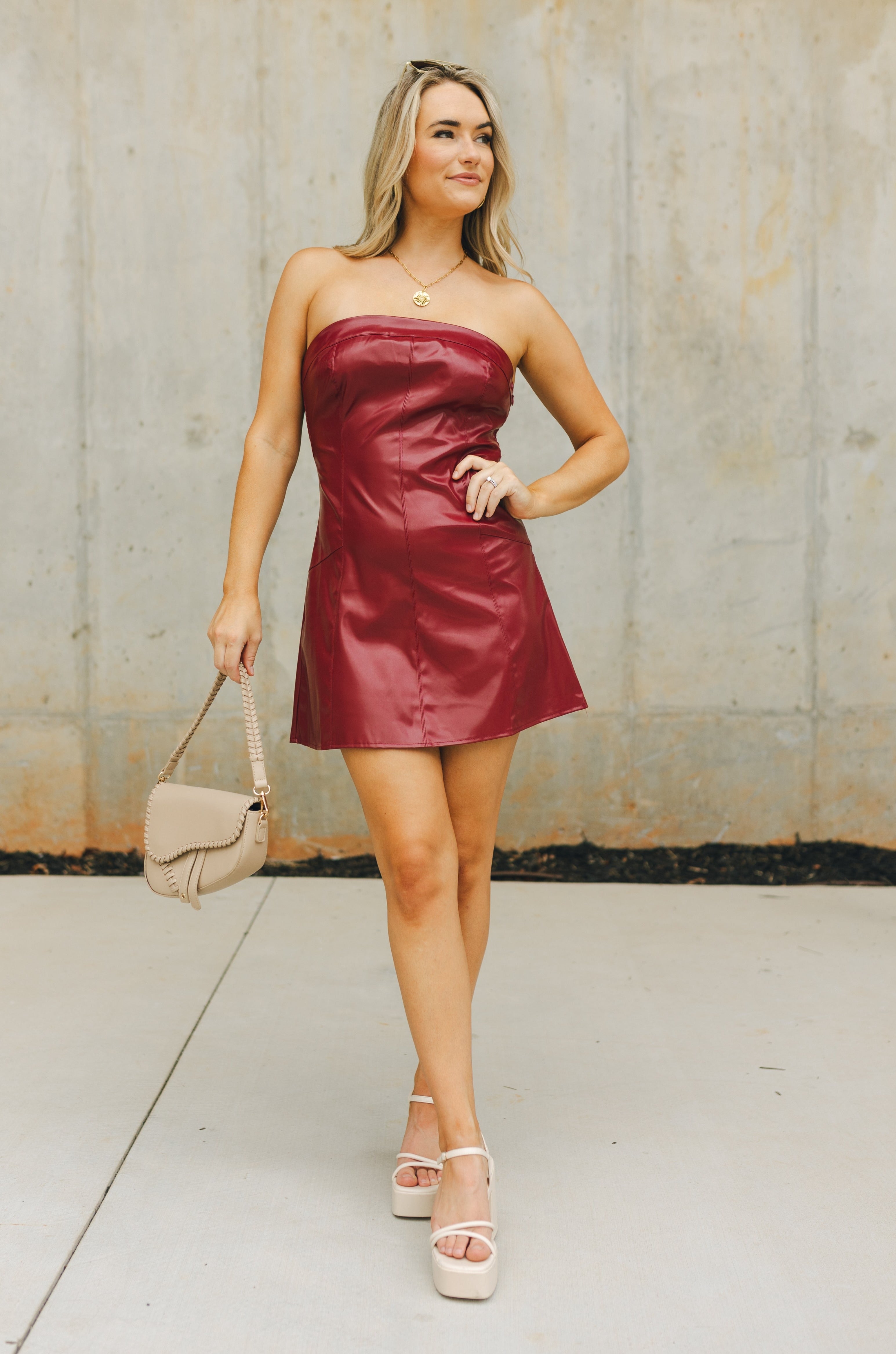 Anya Burgundy Faux-Leather Strapless Dress - Lizard Thicket Anya Burgundy Faux-Leather Strapless Dress - Lizard Thicket