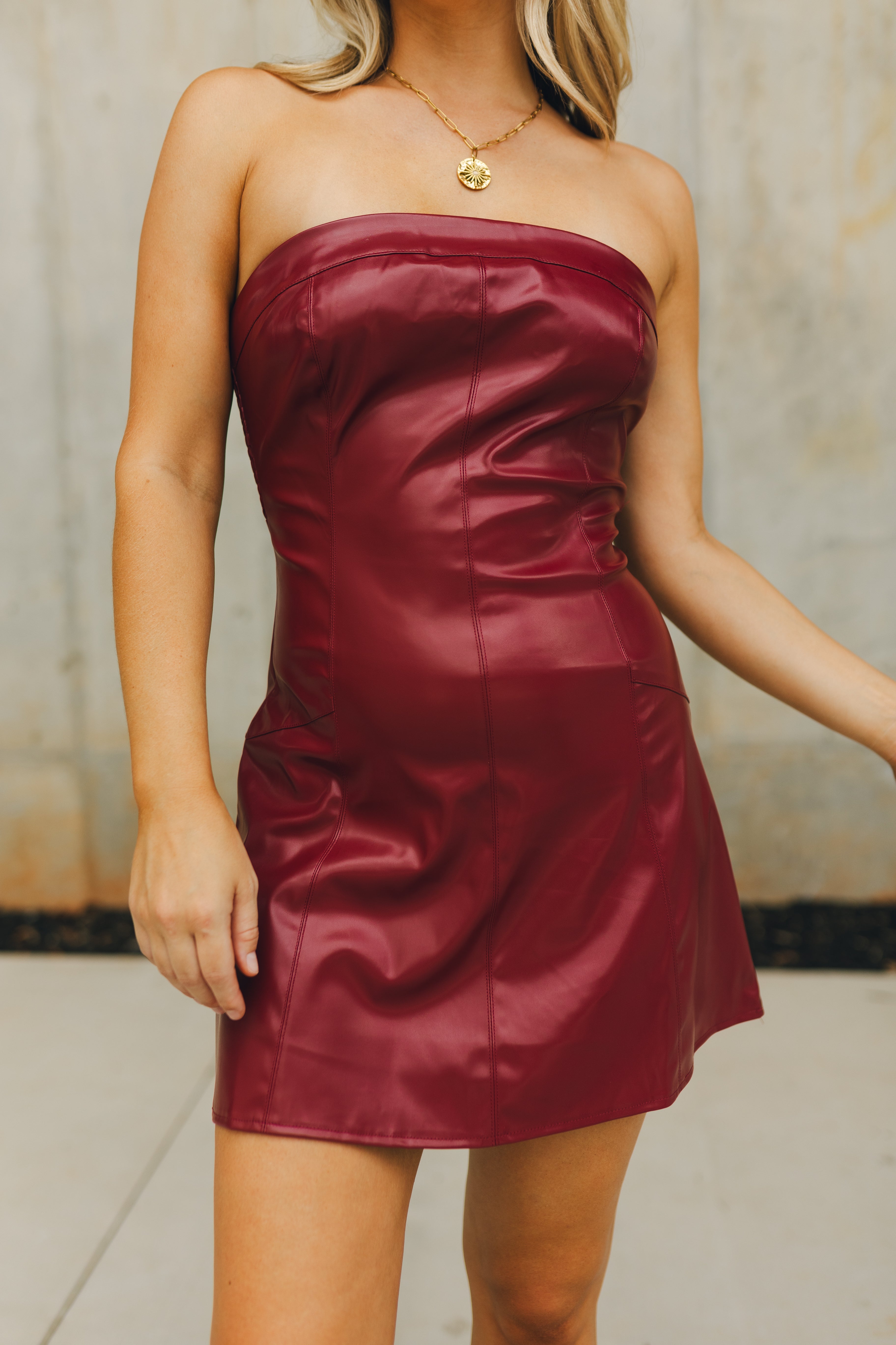 Anya Burgundy Faux-Leather Strapless Dress Anya Burgundy Faux-Leather Strapless Dress