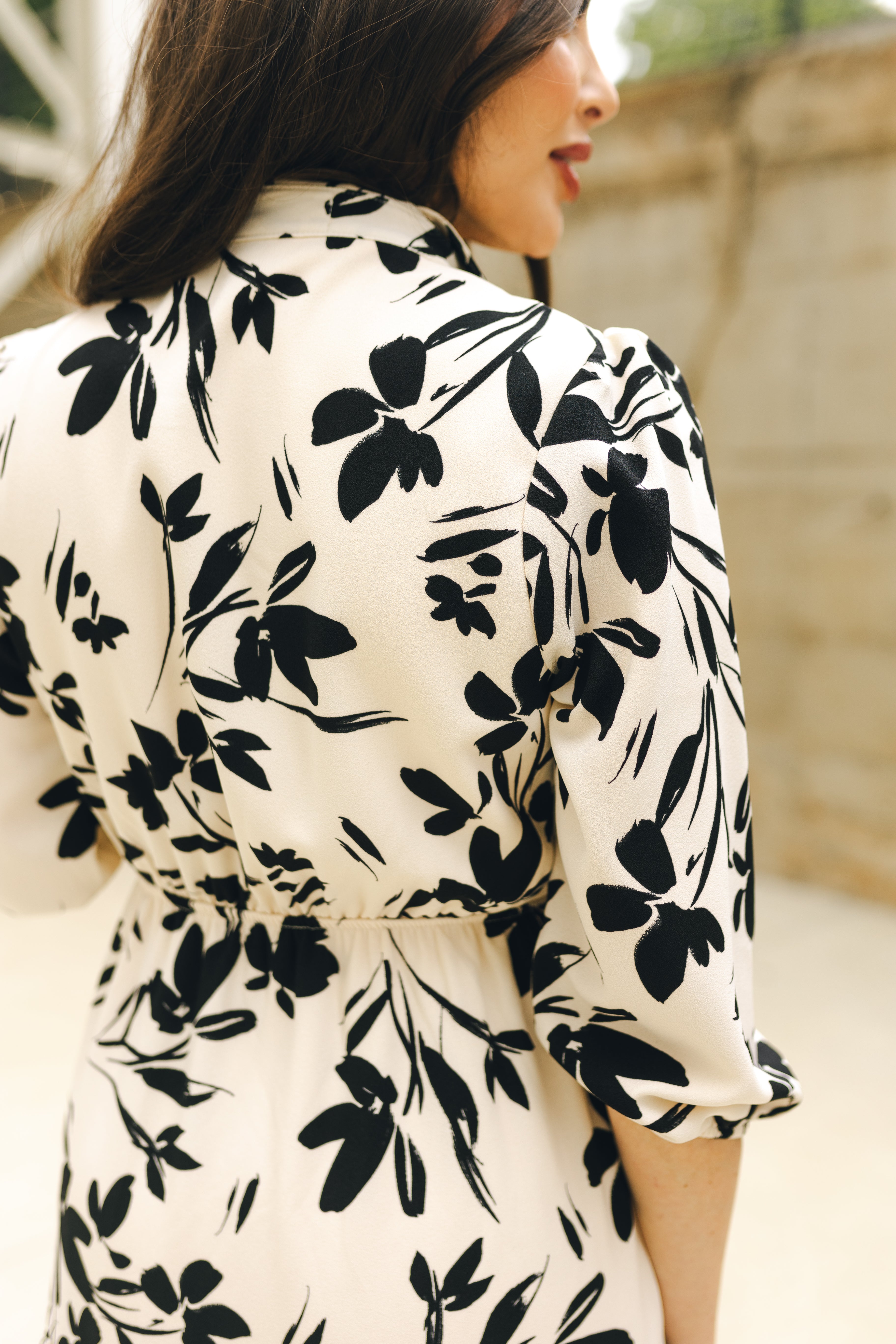 Maggie Cream and Black Floral Midi Dress