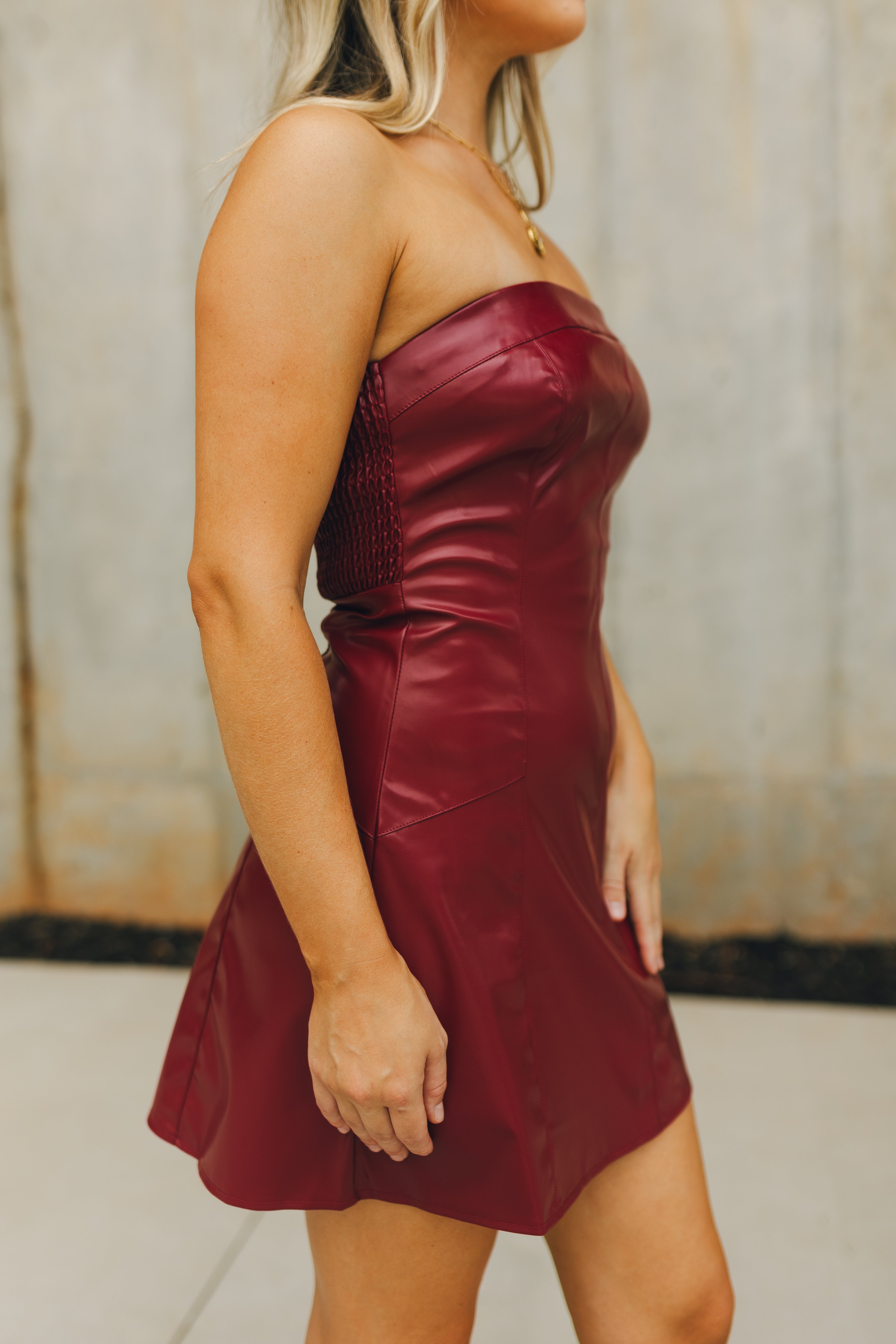 Anya Burgundy Faux-Leather Strapless Dress - Lizard Thicket Anya Burgundy Faux-Leather Strapless Dress - Lizard Thicket