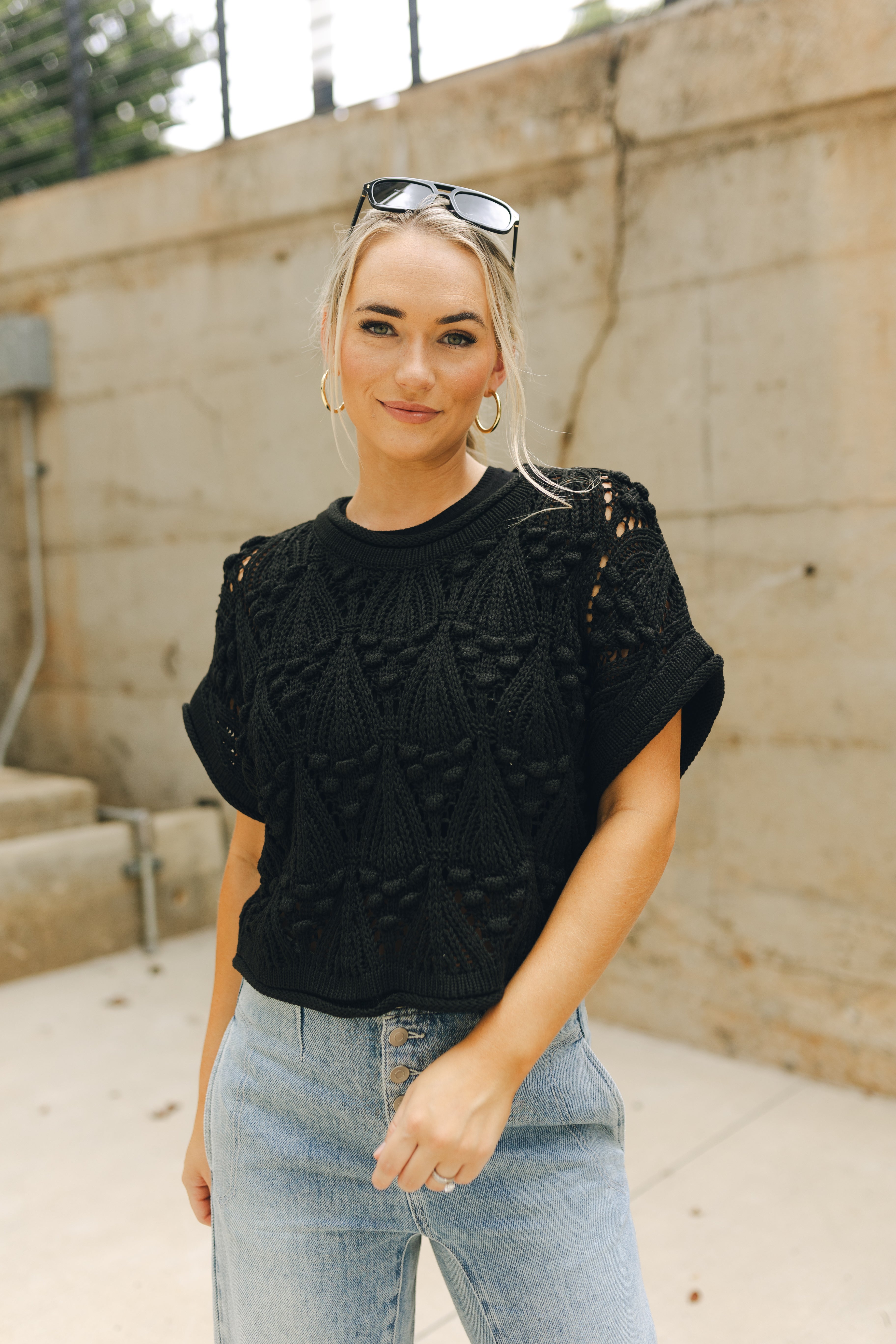 Millie Crochet Short Sleeve Sweater Lizard Thicket