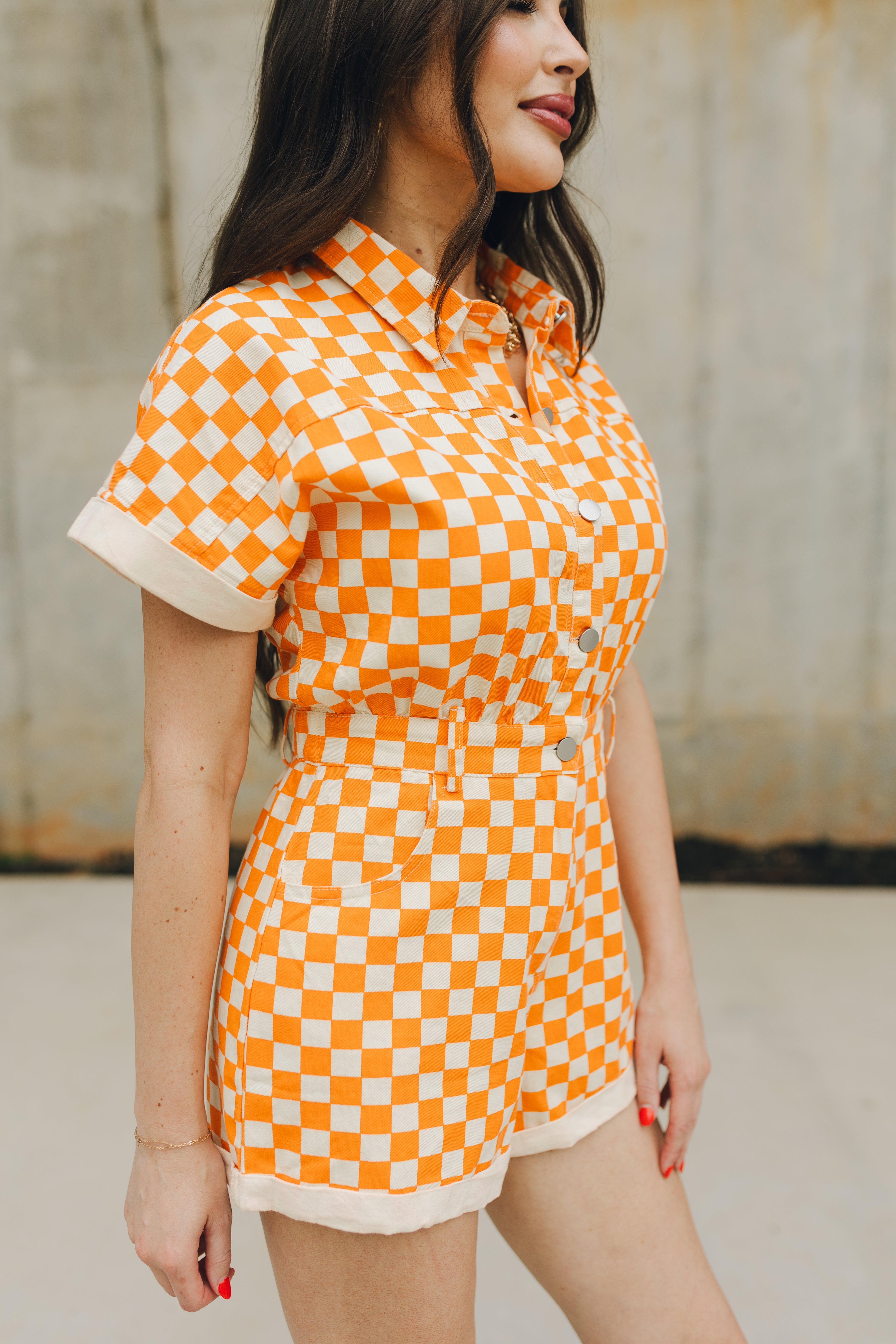 Tatum Orange and Cream Checkered Romper Lizard Thicket