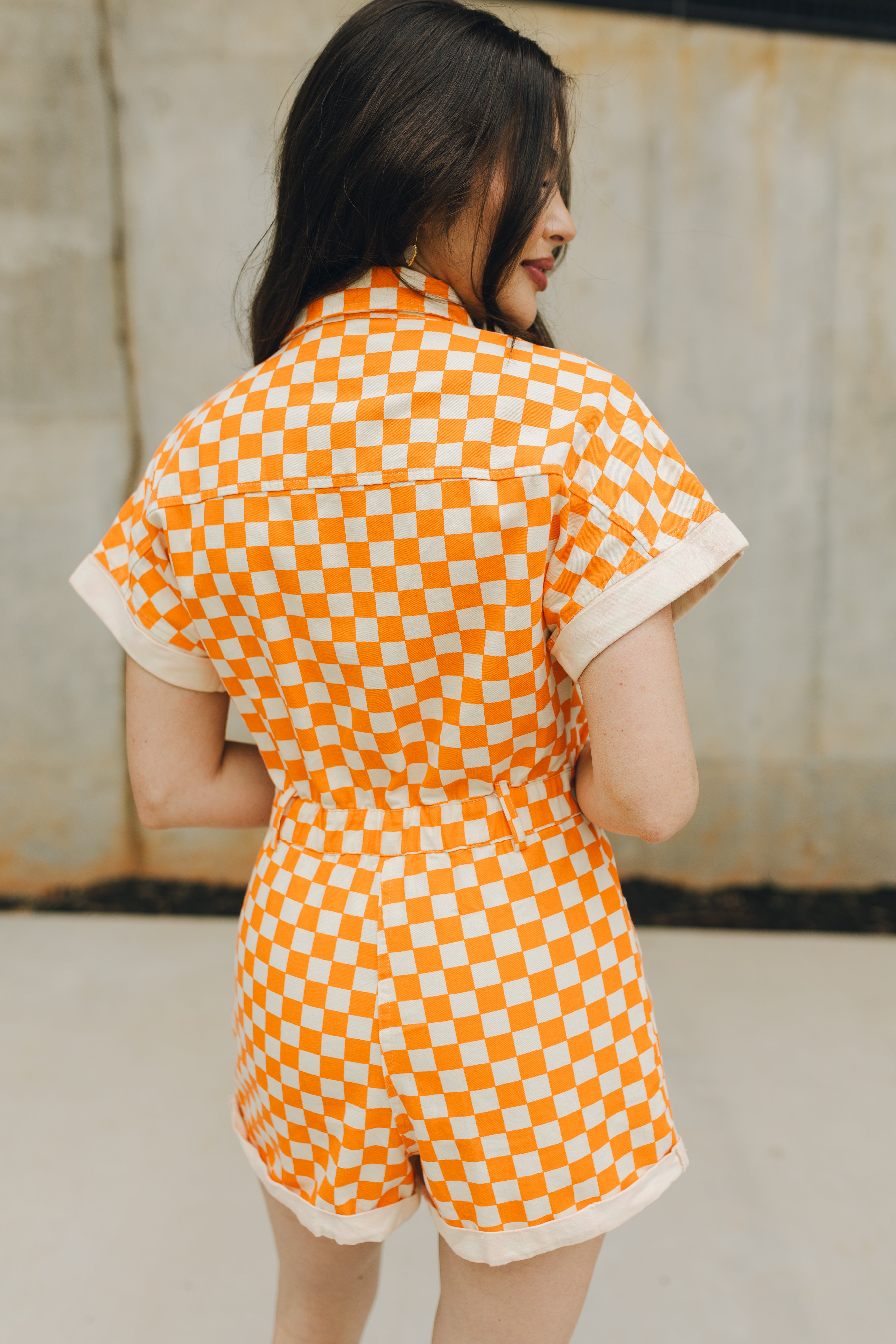 Tatum Orange and Cream Checkered Romper Lizard Thicket