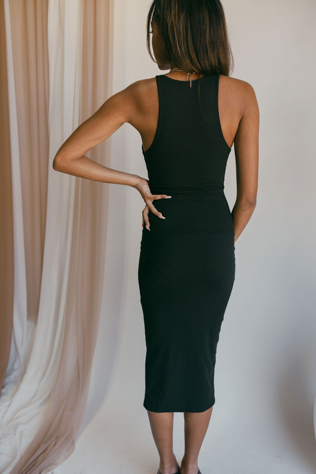 Rochelle Black Bodycon Sleeveless Midi Dress - Lizard Thicket Rochelle Black Bodycon Sleeveless Midi Dress - Lizard Thicket