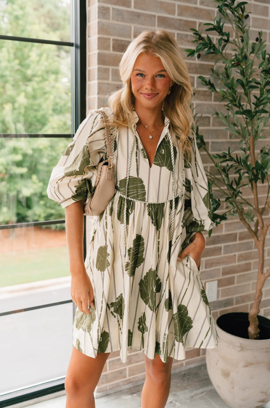 cream and green floral dress Cream & Green Floral Dress - Lace-Up Midi Dress - Floral Sundress