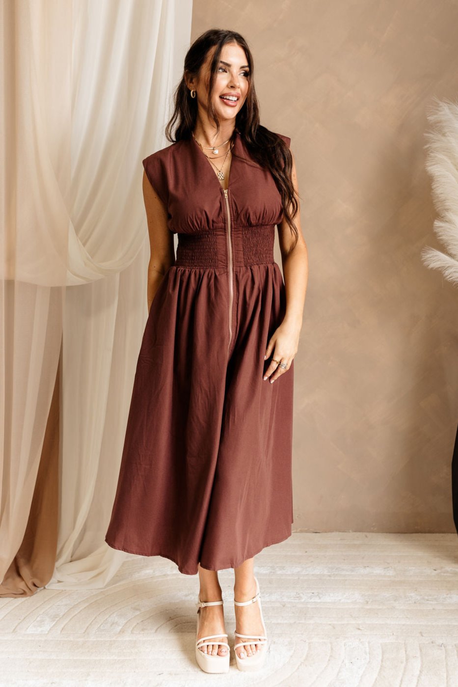 Marilyn Brown Zip Front Midi Dress - Lizard Thicket Marilyn Brown Zip Front Midi Dress - Lizard Thicket
