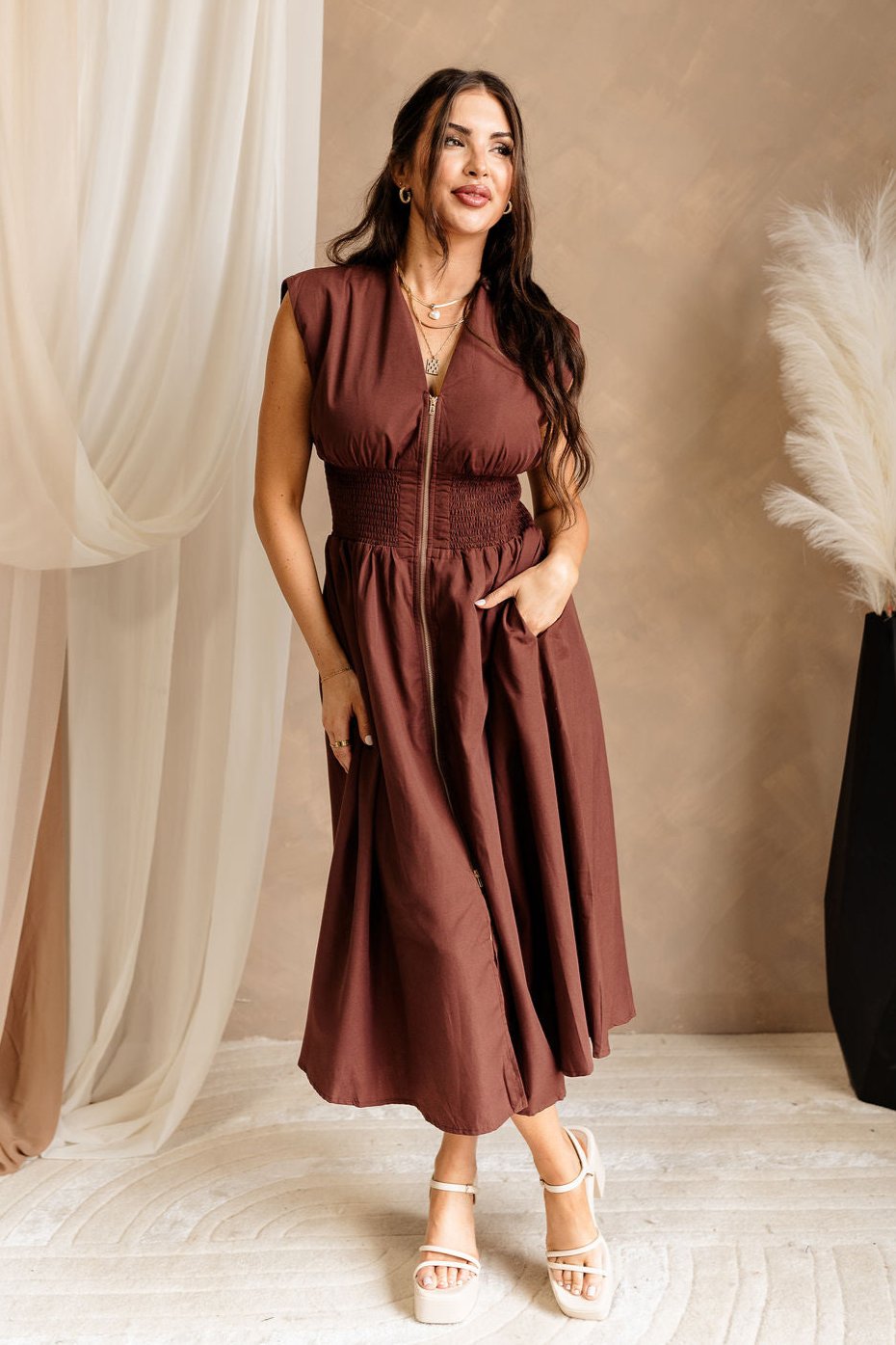 Marilyn Brown Zip Front Midi Dress - Lizard Thicket Marilyn Brown Zip Front Midi Dress - Lizard Thicket