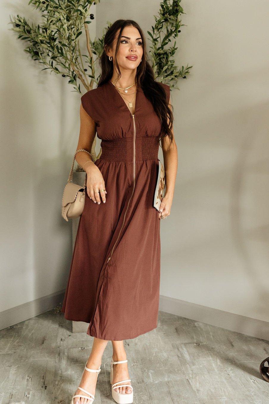 brown zip up dress Brown Smocked Waist Zip Maxi Dress - All Dresses