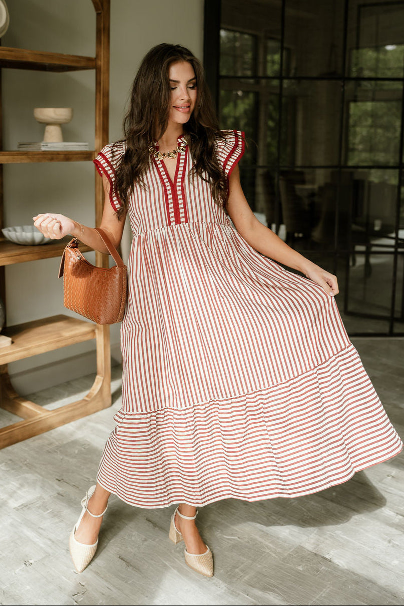 Lina Rust & Cream Striped Midi Dress - full body front view
