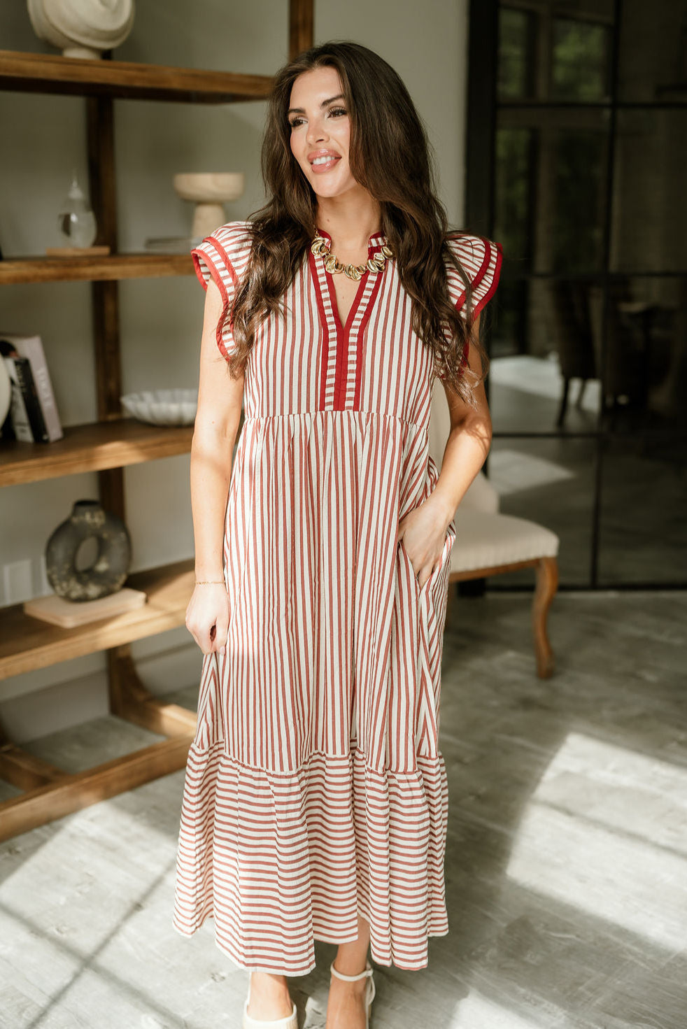 Lina Rust & Cream Striped Midi Dress - front view