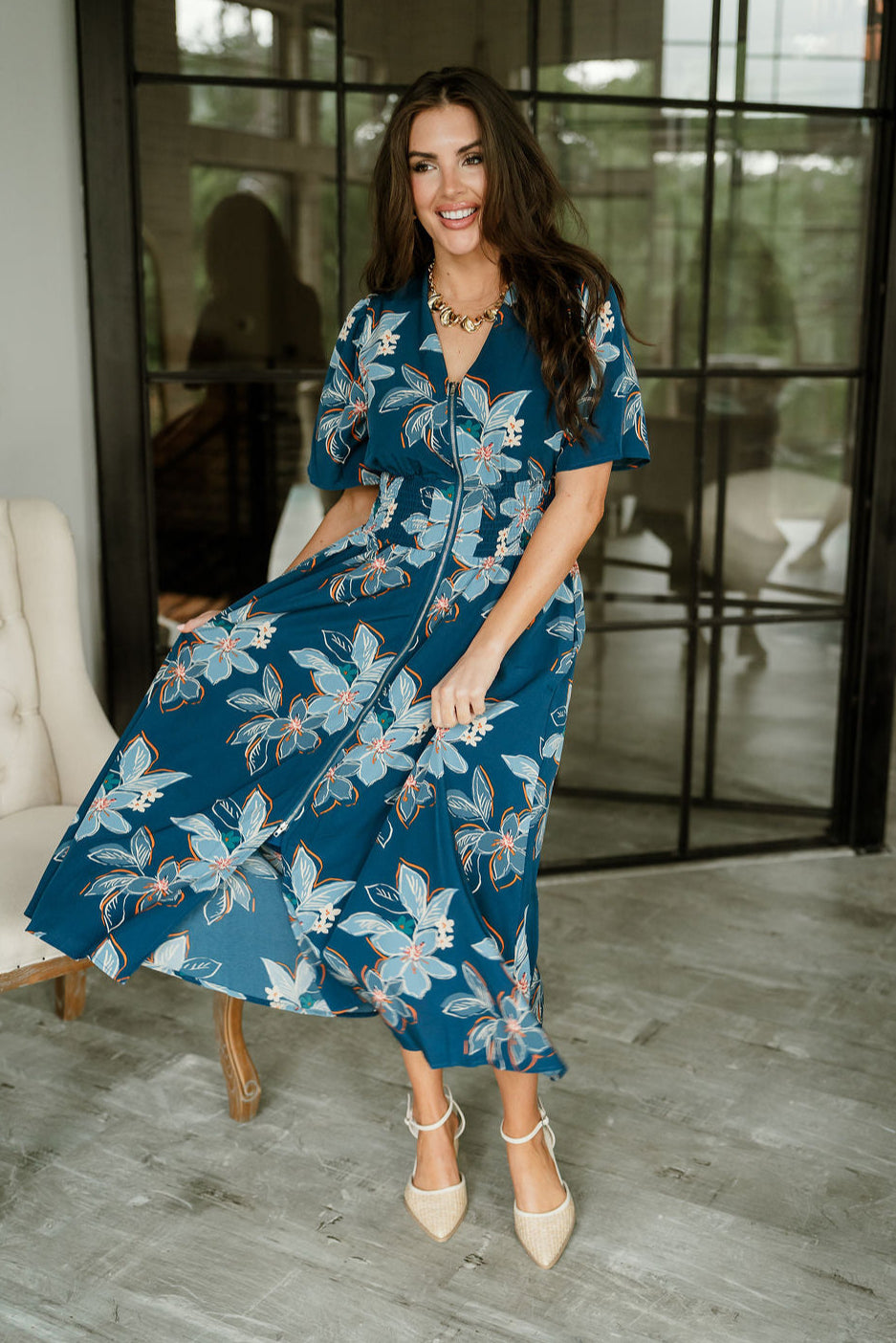 Tori Teal Multi Floral Zip-Up Midi Dress - full front view