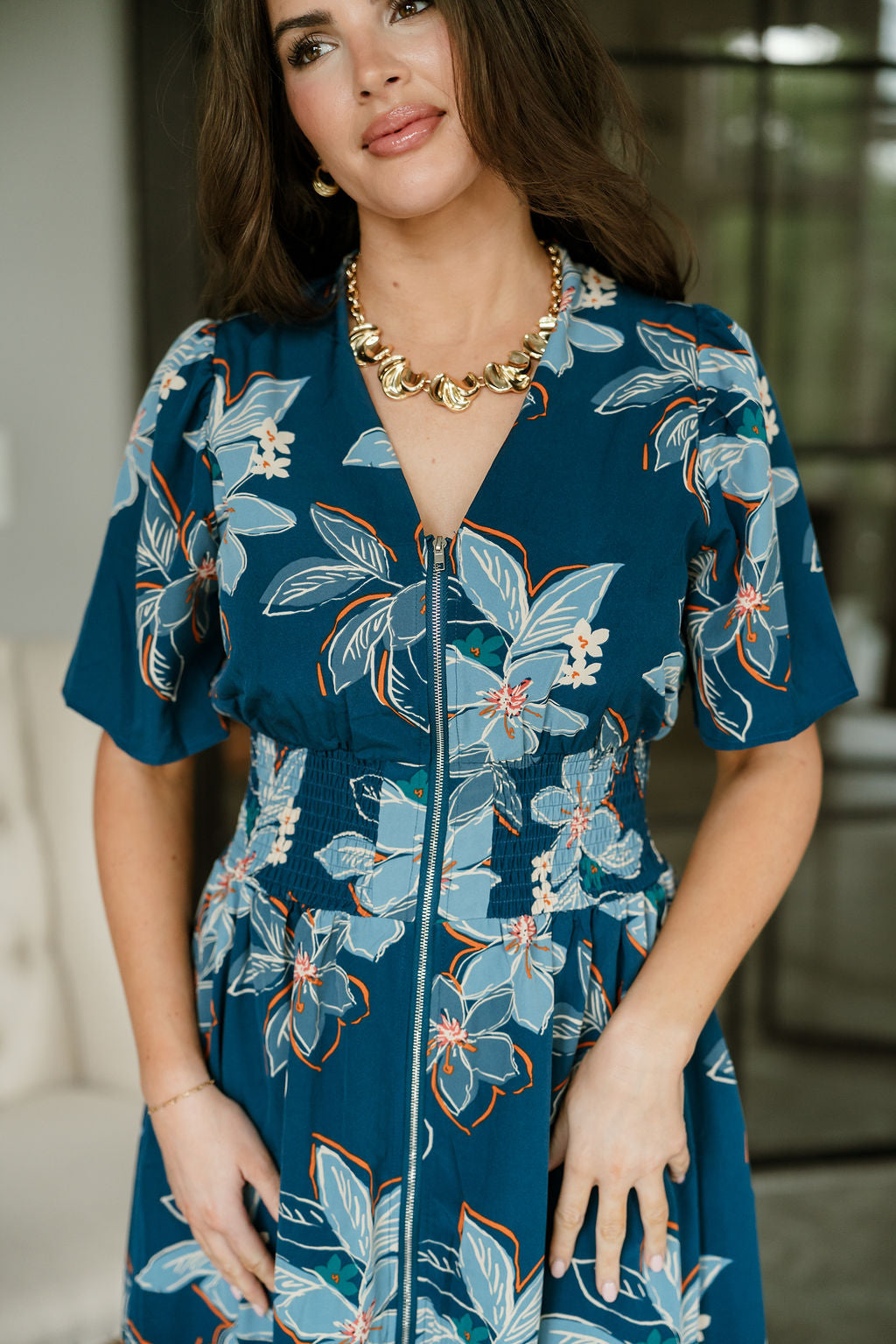 Tori Teal Multi Floral Zip-Up Midi Dress - upper body front view