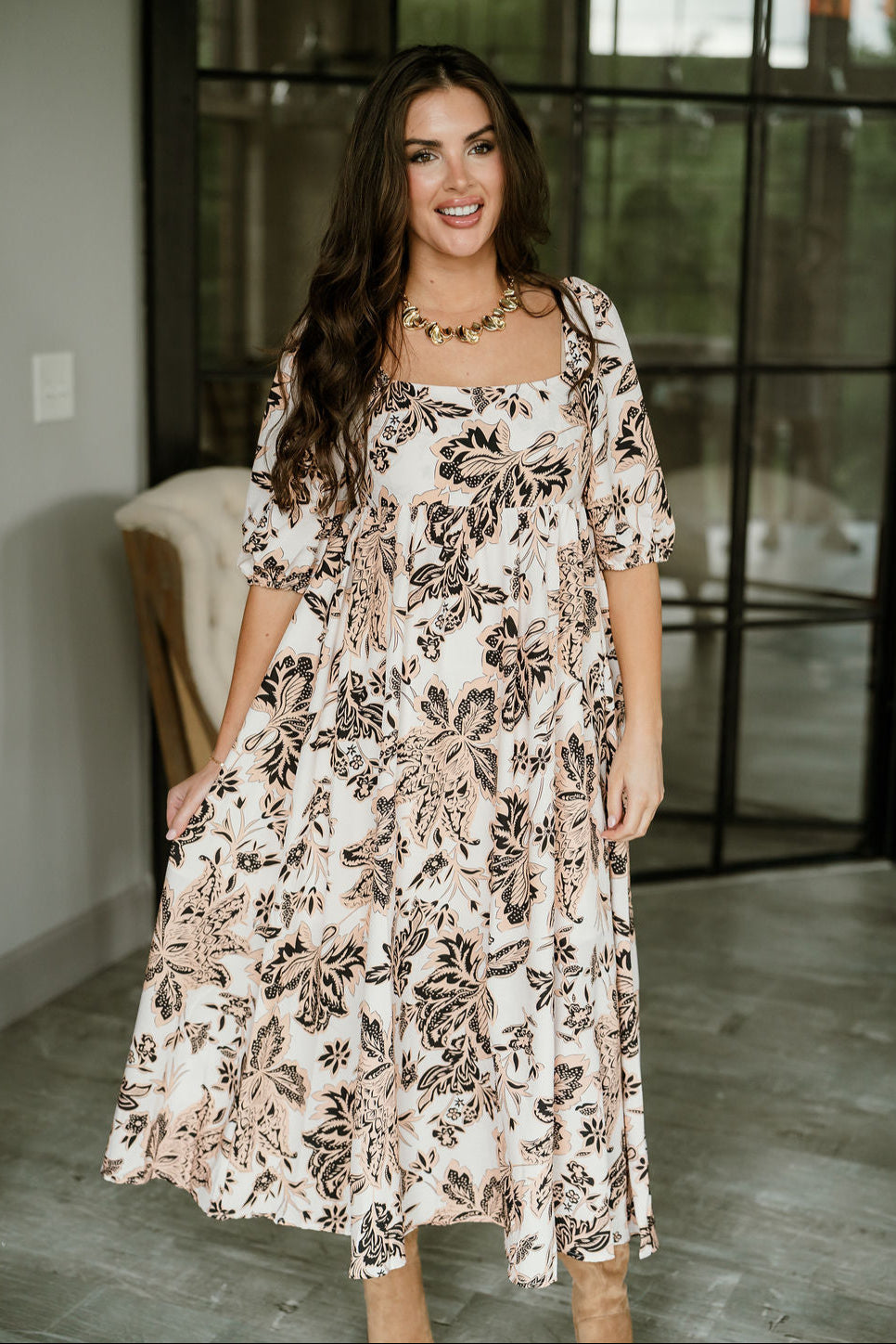Nina White Multi Floral Puff Sleeve Midi Dress - front view
