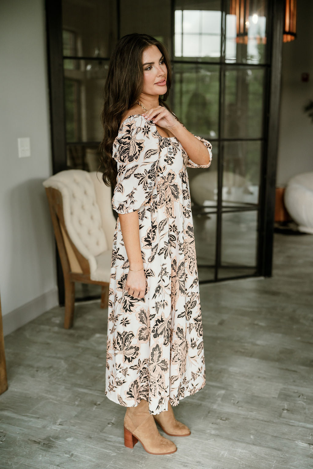 Nina White Multi Floral Puff Sleeve Midi Dress - full body side view