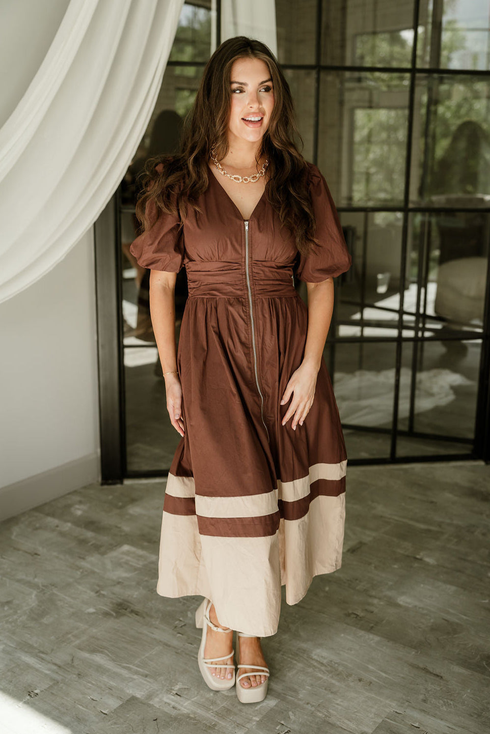Brinley Brown Colorblock Zip-Up Midi Dress - full body view