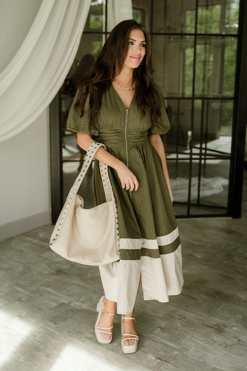 Brinley Olive Colorblock Zip-Up Midi Dress - full body front view