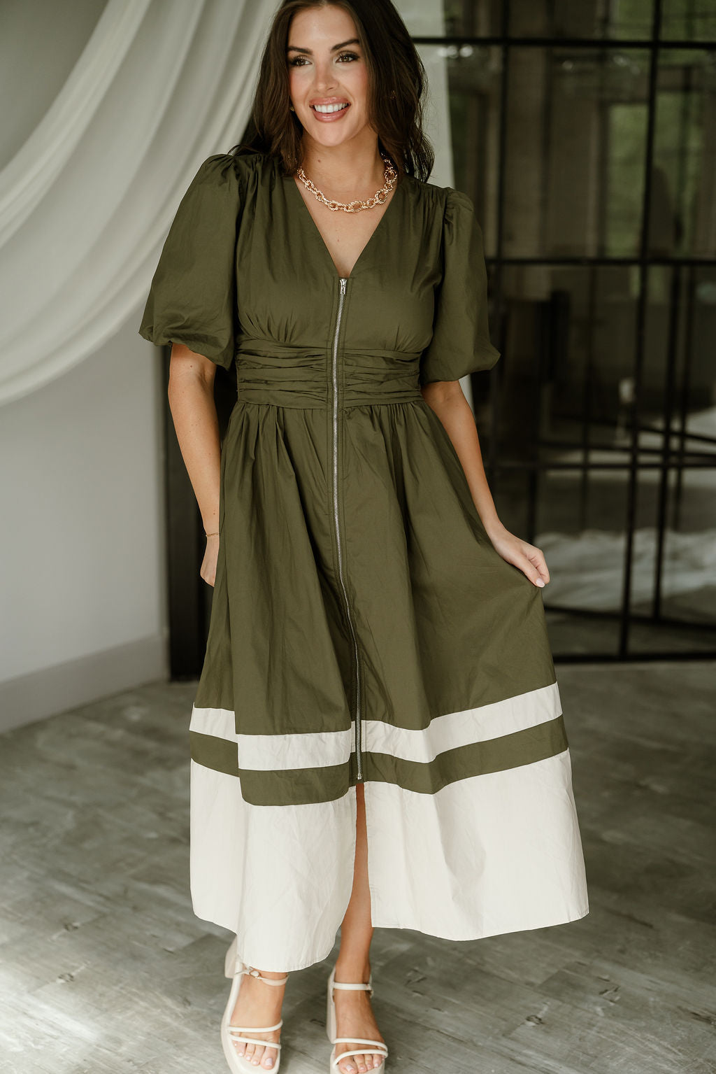 Brinley Olive Colorblock Zip-Up Midi Dress - front view