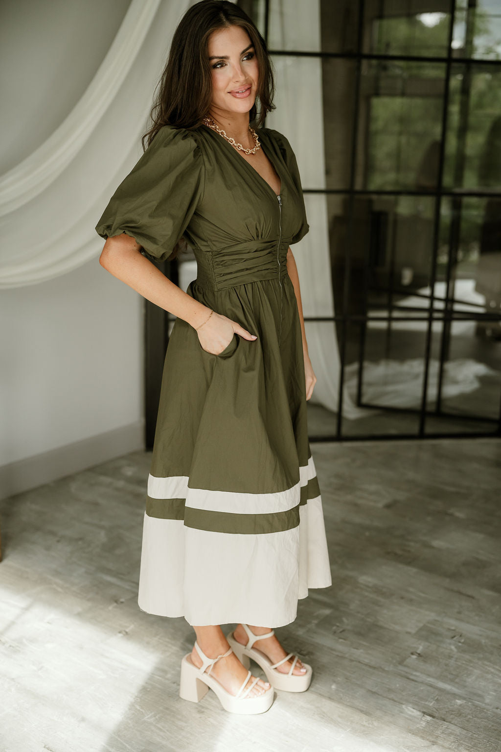Brinley Olive Colorblock Zip-Up Midi Dress - full body side view