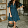 Kyleigh Teal Zip-Up Short Sleeve Mini Dress - full body front view