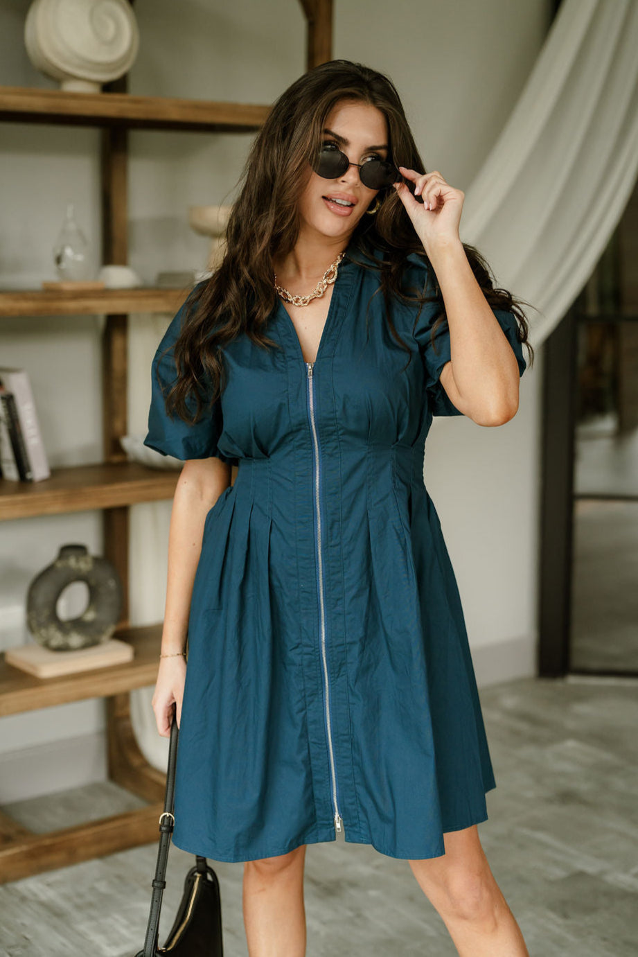 Kyleigh Teal Zip-Up Short Sleeve Mini Dress - front