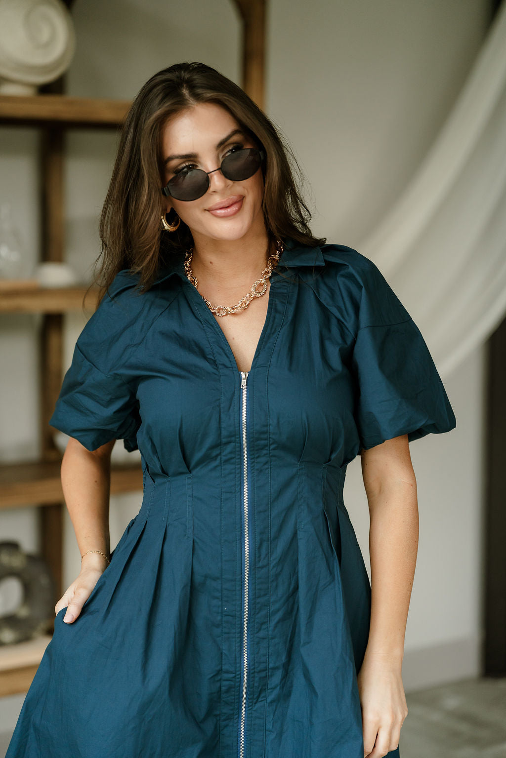 Kyleigh Teal Zip-Up Short Sleeve Mini Dress - upper body front view
