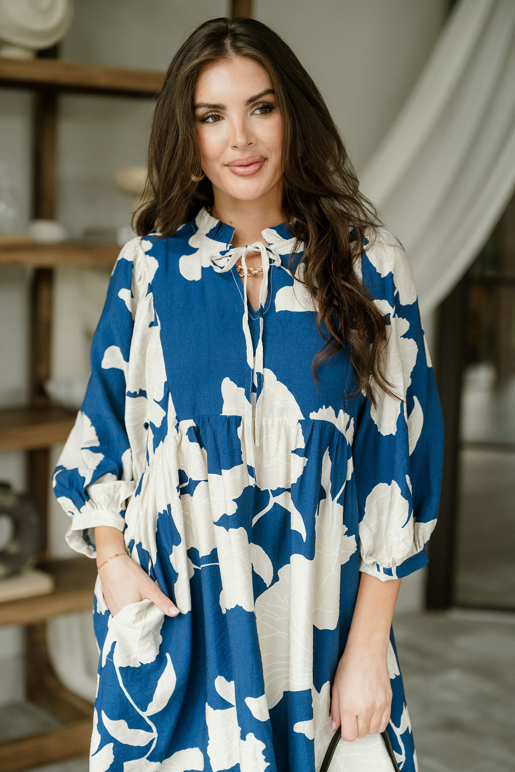 Laurie Blue & Cream Floral Mini Dress - close up front view