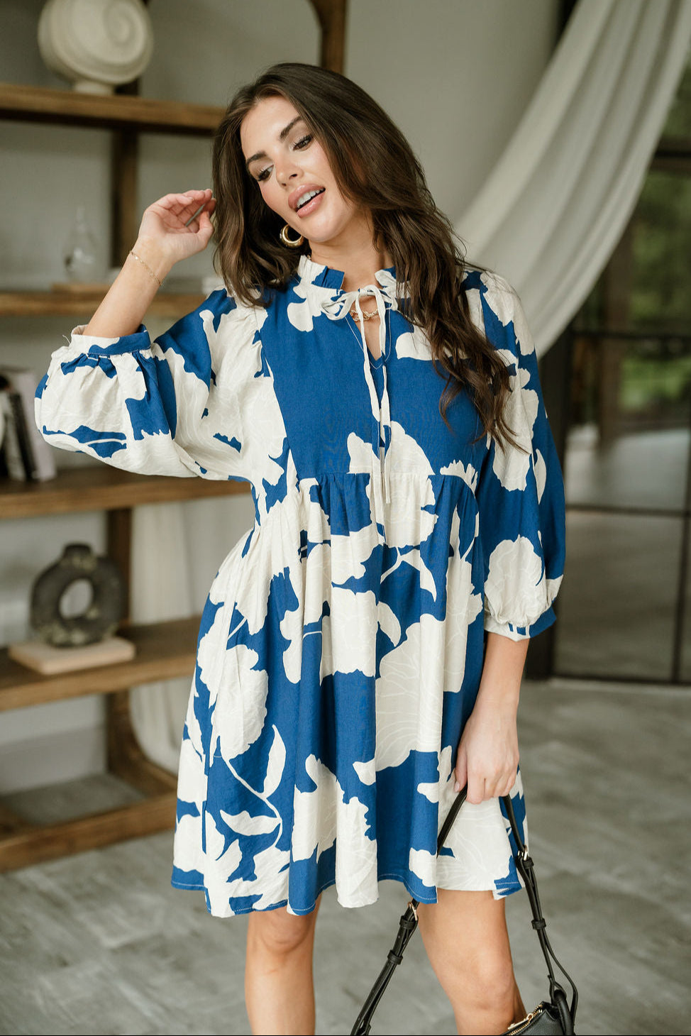 Laurie Blue & Cream Floral Mini Dress - front view