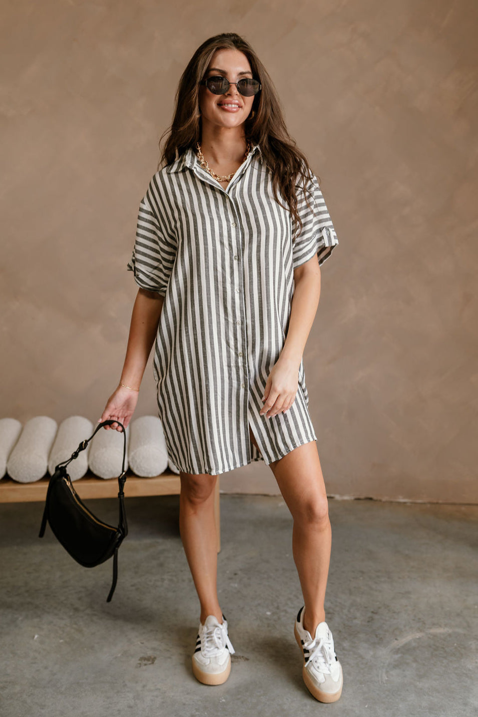Arya White & Black Stripe Mini Dress- full body view