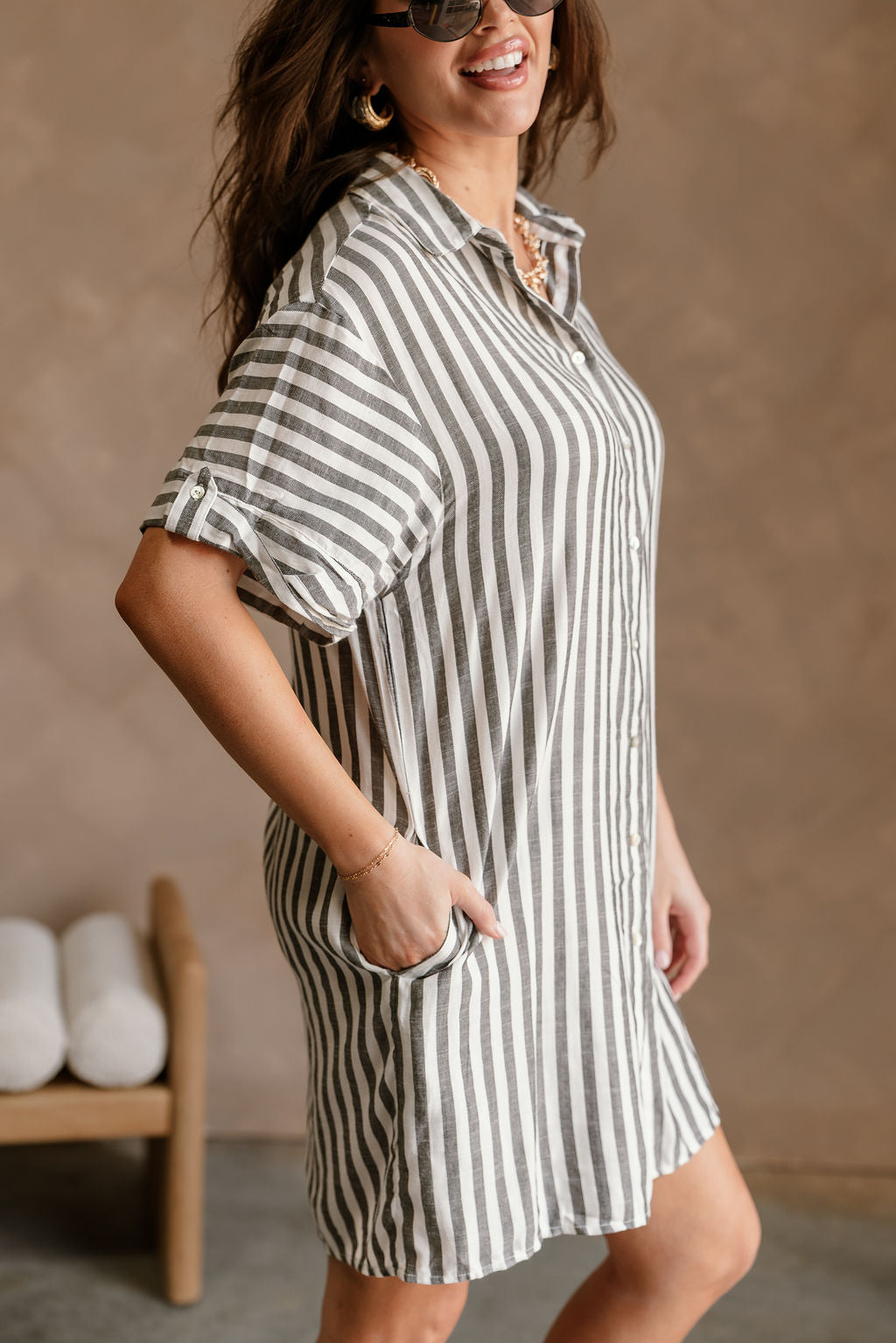 Arya White & Black Stripe Mini Dress- close up side view