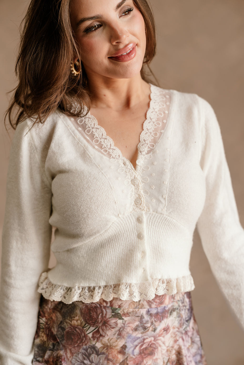 Cecilia Cream Lace Knit Cardigan- close up top view