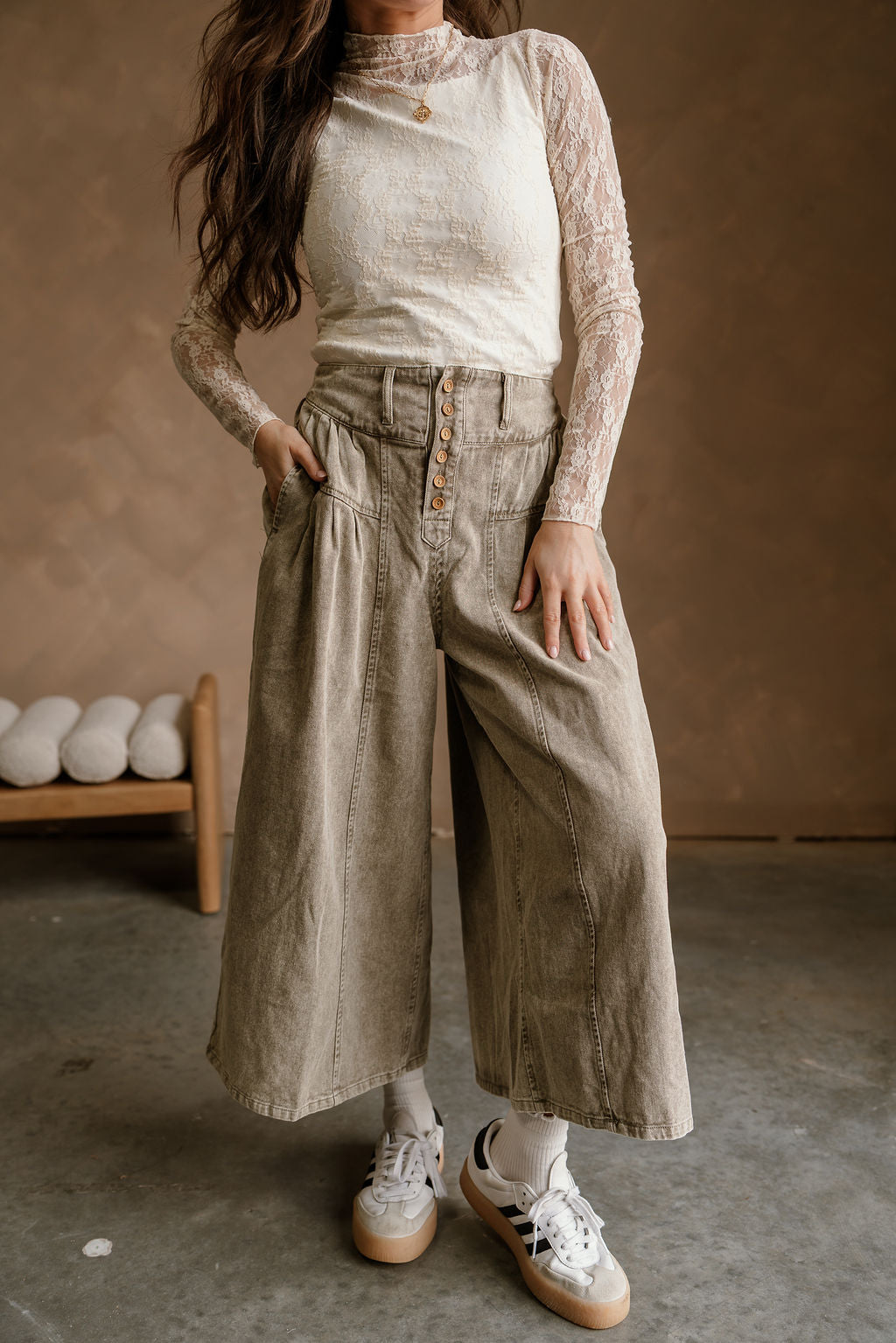 Camila Washed Olive Wide Leg Pants- close up front view