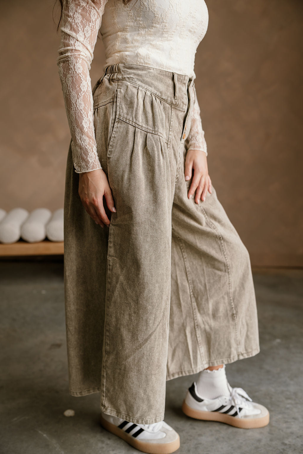 Camila Washed Olive Wide Leg Pants- close up side view