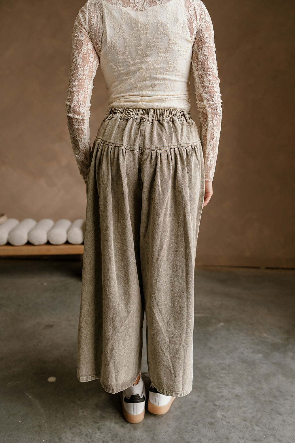 Camila Washed Olive Wide Leg Pants- close up back view
