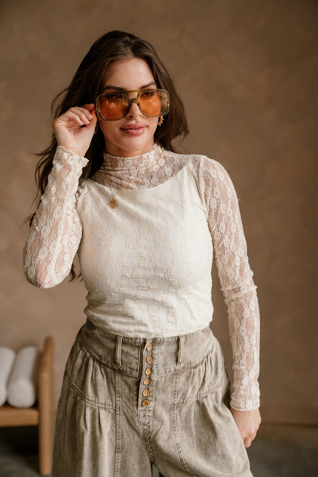 Mischa Cream Floral Long Sleeve Mesh Top- close up top view