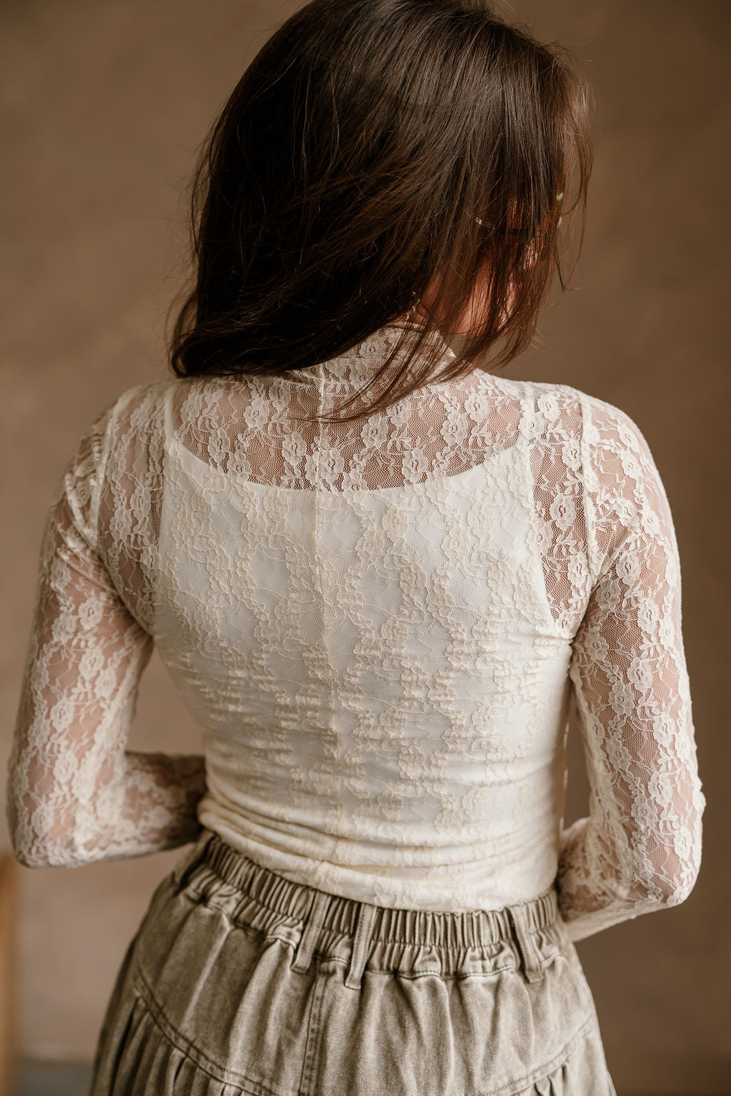 Mischa Cream Floral Long Sleeve Mesh Top- close up back view