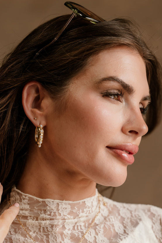 Delilah Gold & Pearl Hoop Earrings -  side view on model