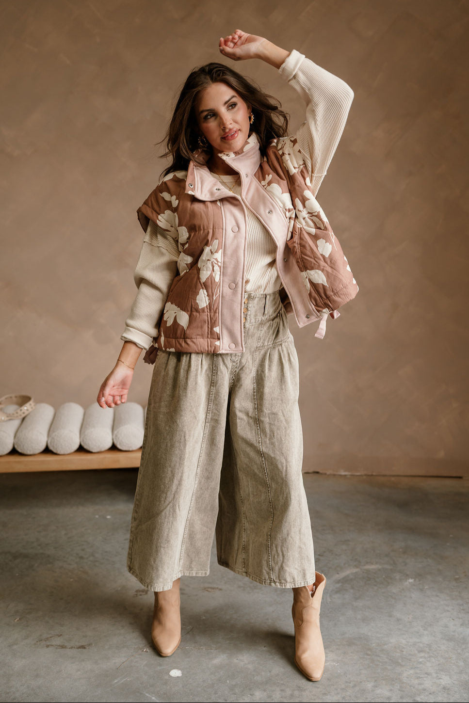 Harper Taupe & Dusty Pink Floral Vest- full body view