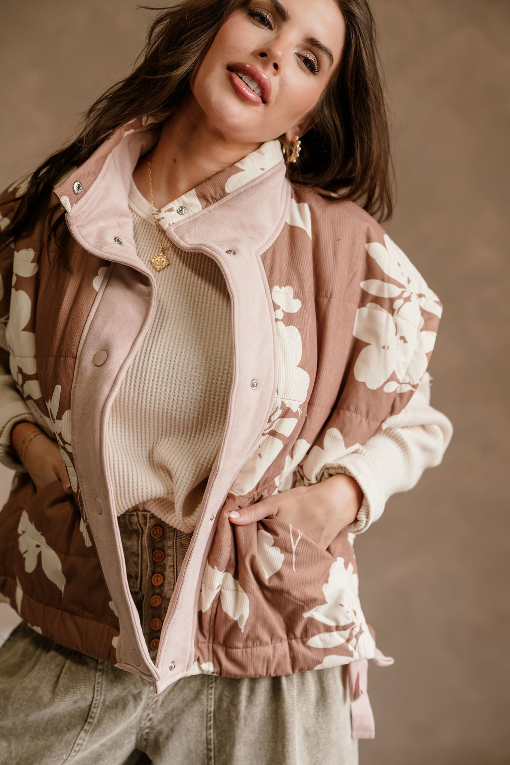 Harper Taupe & Dusty Pink Floral Vest- close up side view