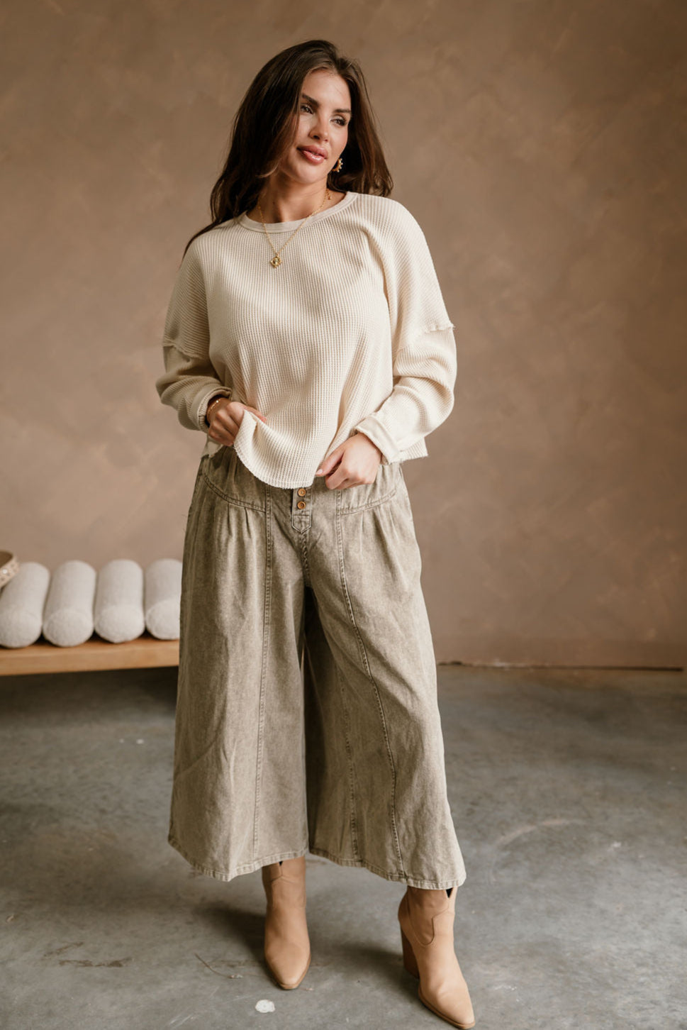 Ella Cream Waffle Knit Top- full body view