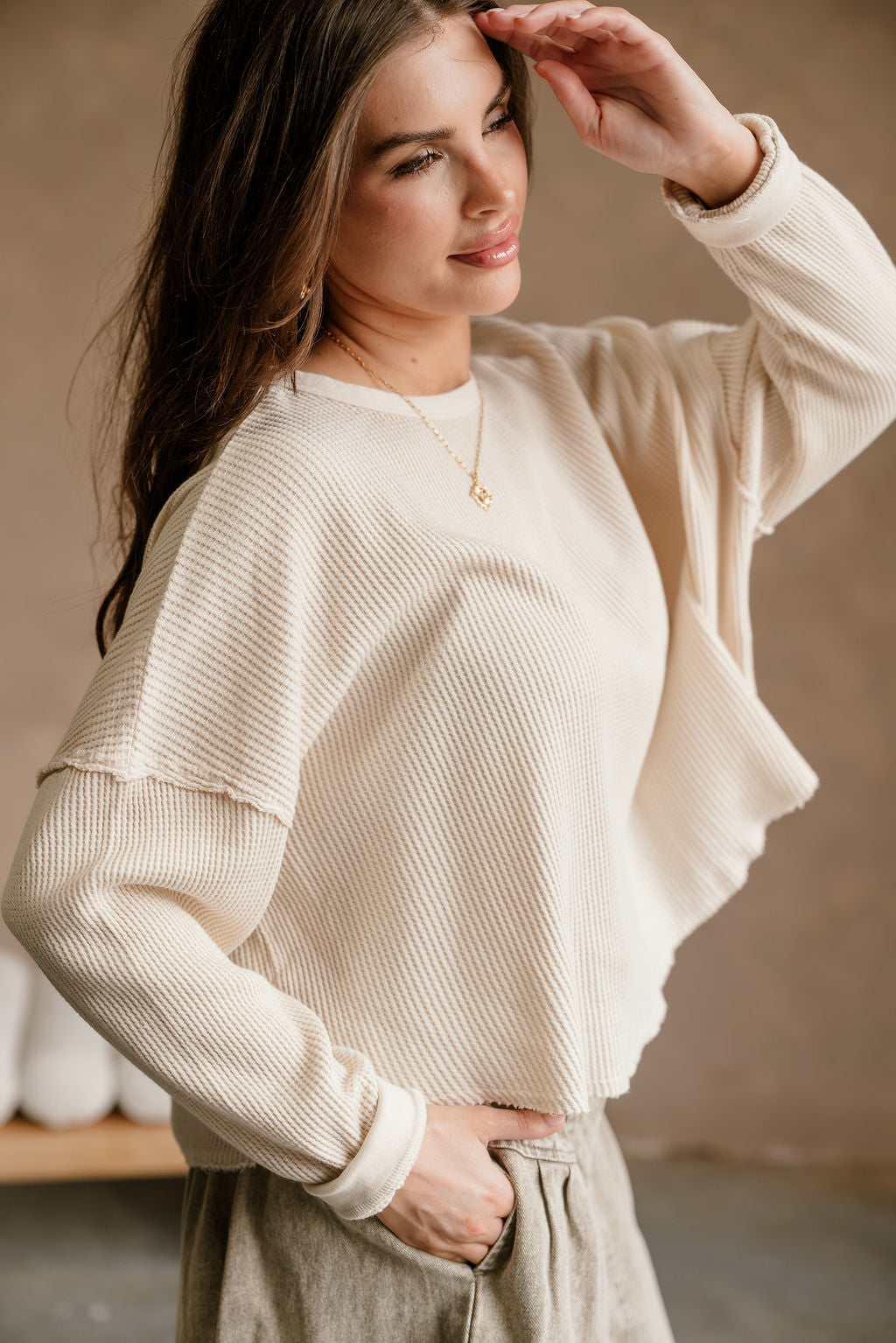 Ella Cream Waffle Knit Top- close up side view