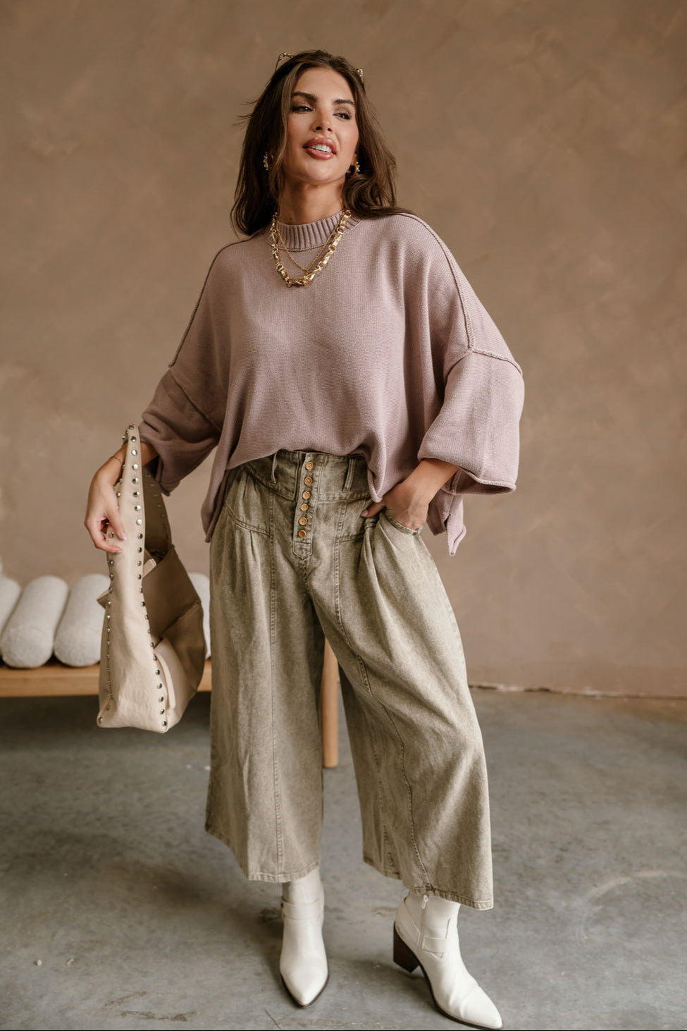Lora Dusty Purple Short Sleeve Sweater- full body view