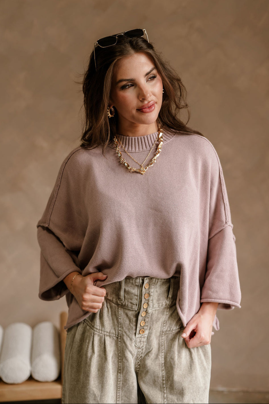 Lora Dusty Purple Short Sleeve Sweater- front top view