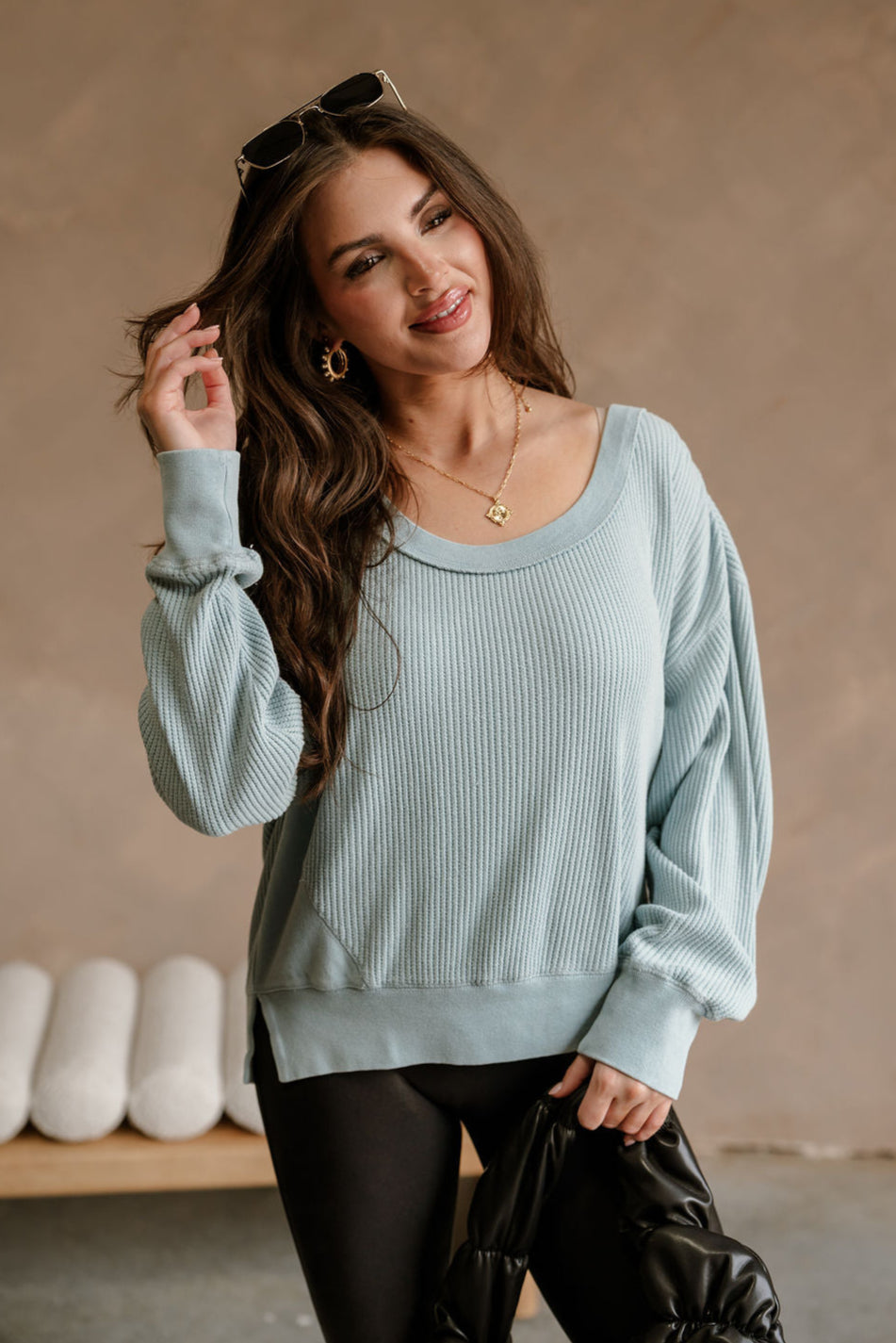 Maya Light Blue Waffle Knit Top- front top view
